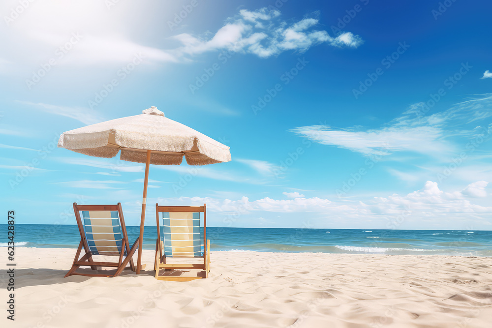Two beach beds and sun umbrella on the sandy beach seashore, nobody, copy space. Summer tourist banner template, blue bright sky. Generative AI photo.