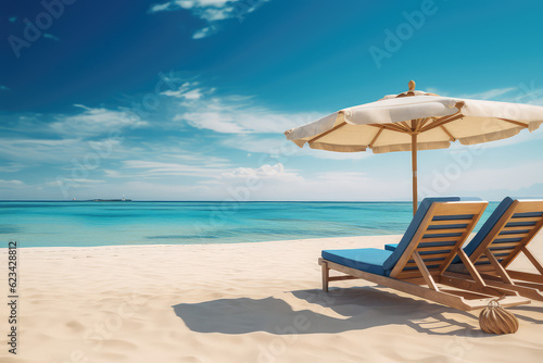 Two beach beds and sun umbrella on the sandy beach seashore, nobody, copy space. Summer tourist banner template, blue bright sky. Generative AI photo. © dinastya
