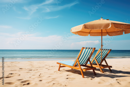 Two beach beds and sun umbrella on the sandy beach seashore  nobody  copy space. Summer tourist banner template  blue bright sky. Generative AI photo.