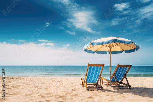 Two beach beds and sun umbrella on the sandy beach seashore  nobody  copy space. Summer tourist banner template  blue bright sky. Generative AI photo.
