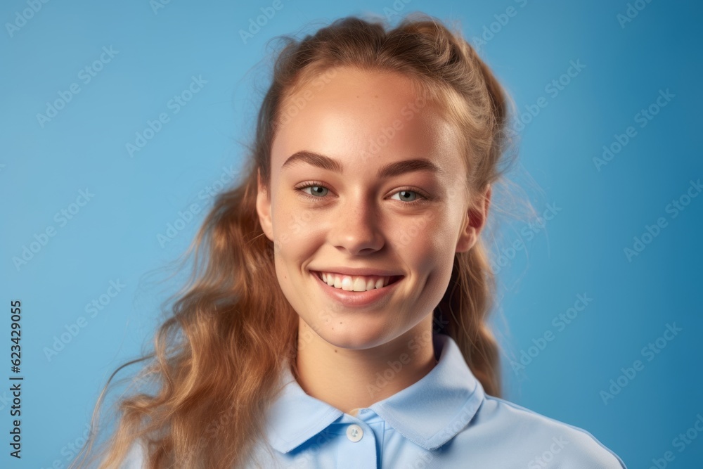 Close-up portrait photography of a glad girl in her 30s wearing a sporty polo shirt against a soft blue background. With generative AI technology Close-up portrait photography of a glad girl in her 30s wearing a sporty polo shirt against a soft blue background. With generative AI technology