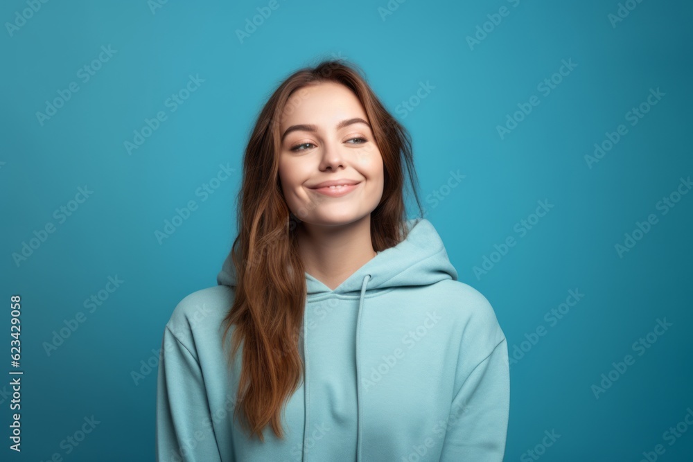 Medium shot portrait photography of a beautiful girl in her 30s wearing a comfortable hoodie against a soft blue background. With generative AI technology Medium shot portrait photography of a beautiful girl in her 30s wearing a comfortable hoodie against a soft blue background. With generative AI technology