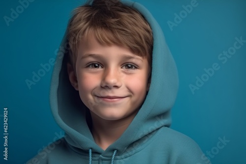 Medium shot portrait photography of a satisfied kid male wearing a cozy zip-up hoodie against a soft blue background. With generative AI technology