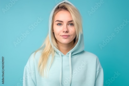 Medium shot portrait photography of a beautiful girl in her 30s wearing a comfortable hoodie against a soft blue background. With generative AI technology © Markus Schröder