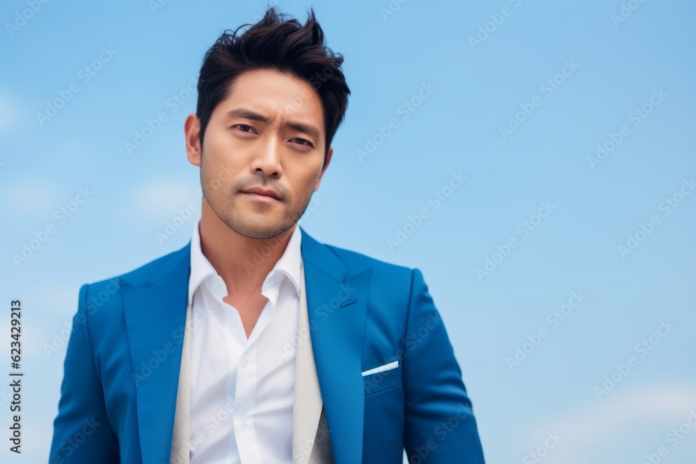 Close-up portrait photography of a beautiful boy in his 30s wearing a classic blazer against a soft blue background. With generative AI technology Close-up portrait photography of a beautiful boy in his 30s wearing a classic blazer against a soft blue background. With generative AI technology