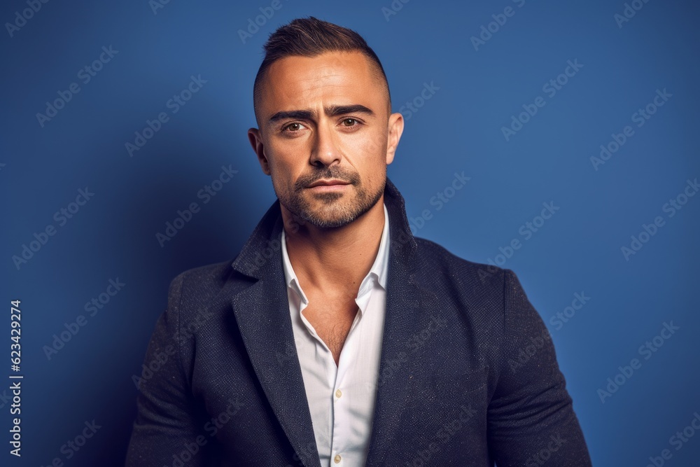 Close-up portrait photography of a beautiful boy in his 30s wearing a classic blazer against a soft blue background. With generative AI technology Close-up portrait photography of a beautiful boy in his 30s wearing a classic blazer against a soft blue background. With generative AI technology