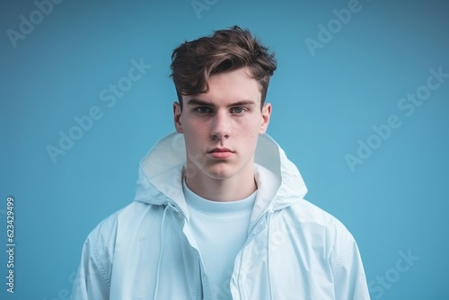 Medium shot portrait photography of a beautiful boy in his 20s wearing a lightweight windbreaker against a soft blue background. With generative AI technology © Markus Schröder