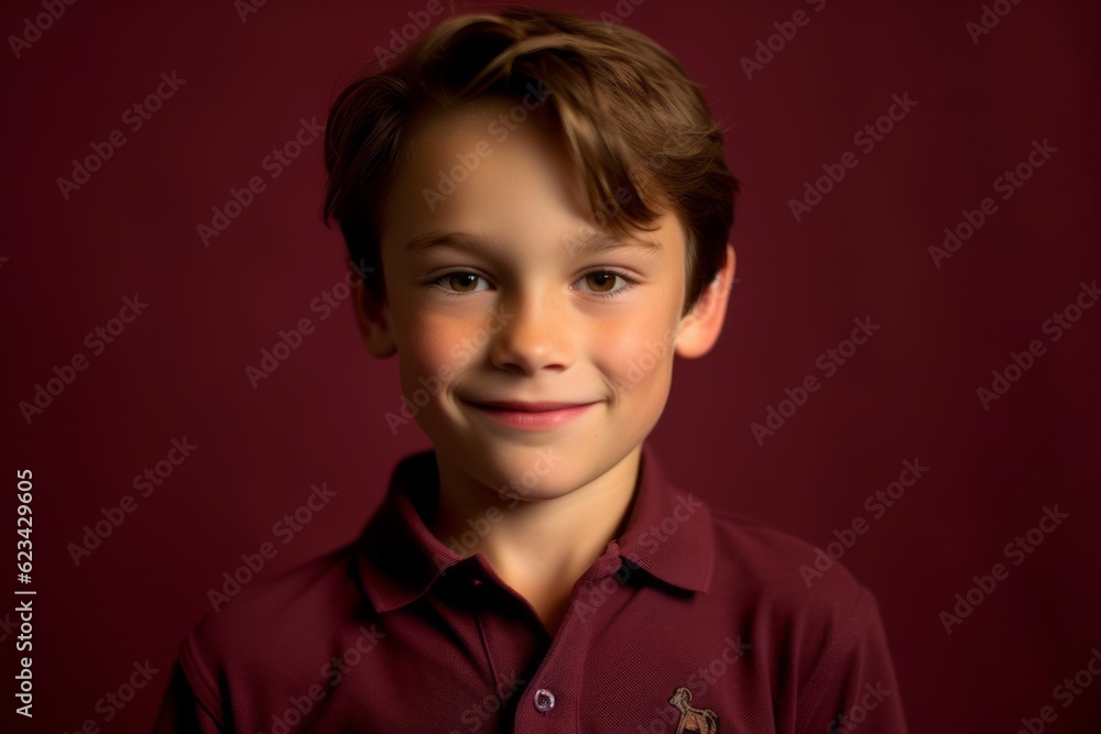 Lifestyle portrait photography of a tender kid male wearing a sporty polo shirt against a rich maroon background. With generative AI technology Lifestyle portrait photography of a tender kid male wearing a sporty polo shirt against a rich maroon background. With generative AI technology