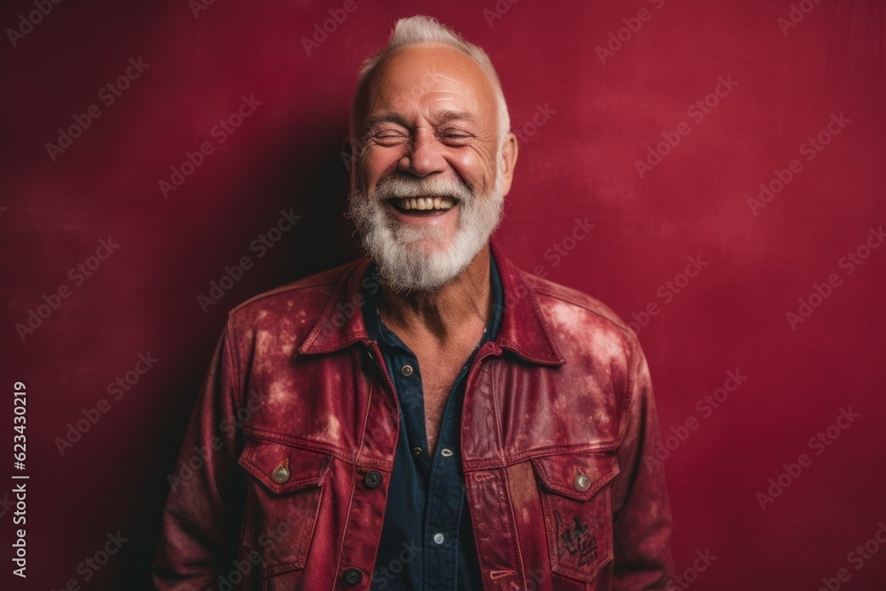 Medium shot portrait photography of a joyful old man wearing a denim jacket against a rich maroon background. With generative AI technology Medium shot portrait photography of a joyful old man wearing a denim jacket against a rich maroon background. With generative AI technology