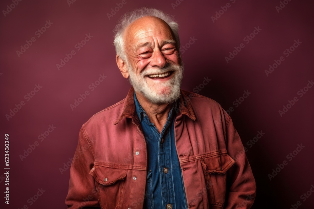 Medium shot portrait photography of a joyful old man wearing a denim jacket against a rich maroon background. With generative AI technology Medium shot portrait photography of a joyful old man wearing a denim jacket against a rich maroon background. With generative AI technology