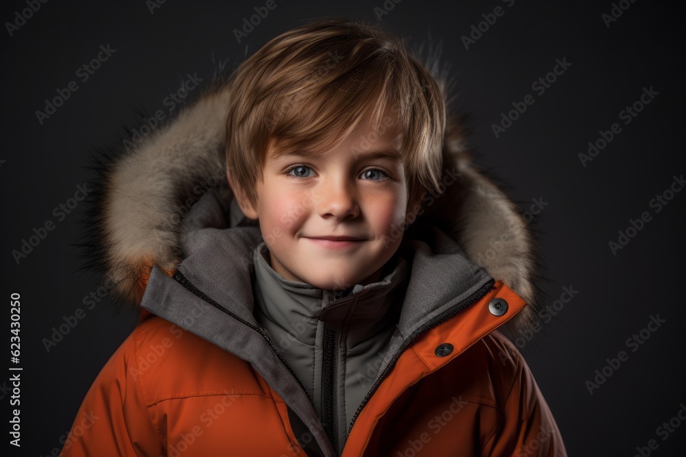 Environmental portrait photography of a glad kid male wearing a warm parka against a dark grey background. With generative AI technology Environmental portrait photography of a glad kid male wearing a warm parka against a dark grey background. With generative AI technology