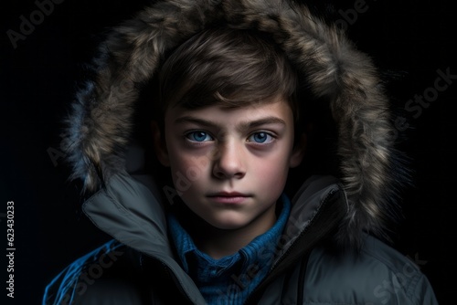 Environmental portrait photography of a glad kid male wearing a warm parka against a dark grey background. With generative AI technology