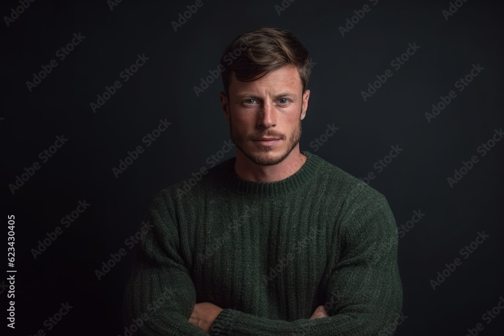 Medium shot portrait photography of a beautiful boy in his 30s wearing a cozy sweater against a dark grey background. With generative AI technology