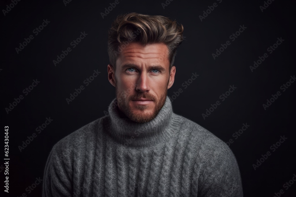 Medium shot portrait photography of a beautiful boy in his 30s wearing a cozy sweater against a dark grey background. With generative AI technology
