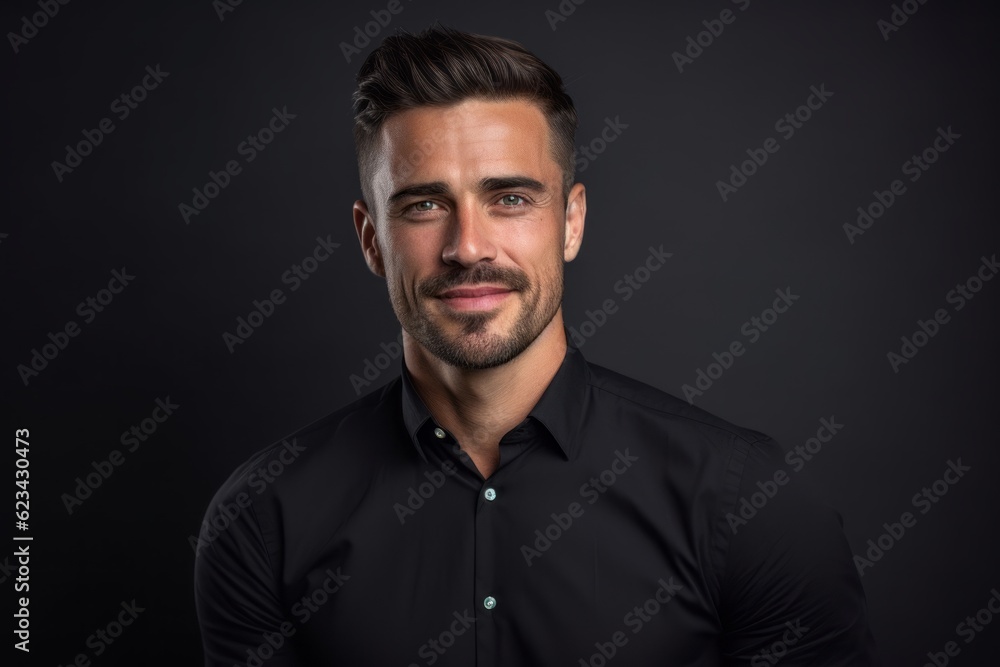 Close-up portrait photography of a glad boy in his 30s wearing an elegant long-sleeve shirt against a dark grey background. With generative AI technology Close-up portrait photography of a glad boy in his 30s wearing an elegant long-sleeve shirt against a dark grey background. With generative AI technology