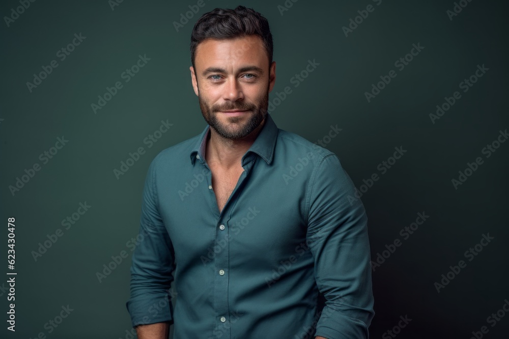 Close-up portrait photography of a glad boy in his 30s wearing an elegant long-sleeve shirt against a dark grey background. With generative AI technology Close-up portrait photography of a glad boy in his 30s wearing an elegant long-sleeve shirt against a dark grey background. With generative AI technology
