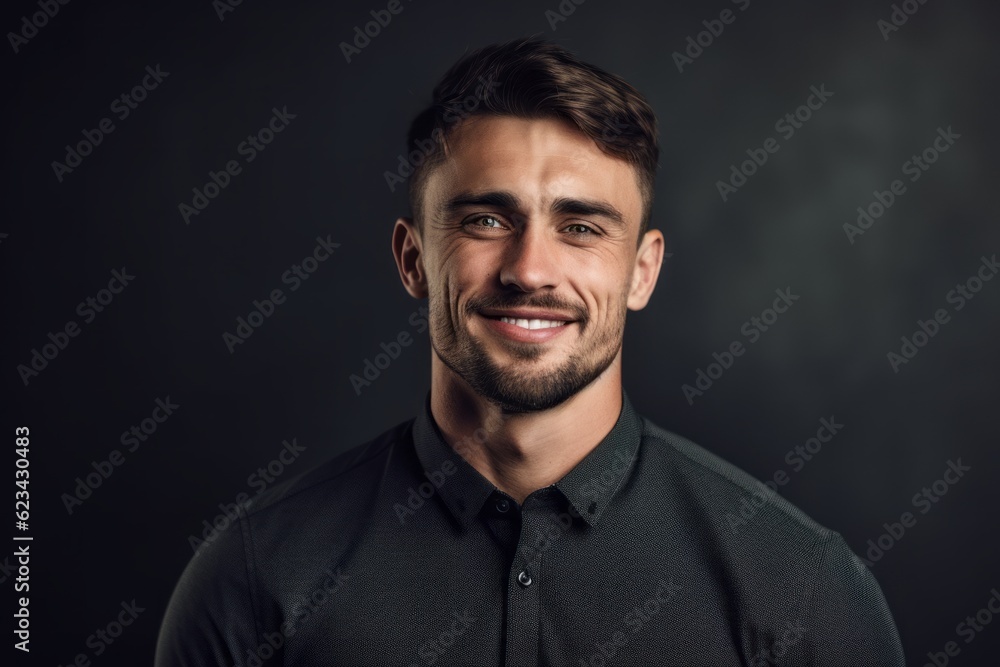 Close-up portrait photography of a glad boy in his 30s wearing an elegant long-sleeve shirt against a dark grey background. With generative AI technology