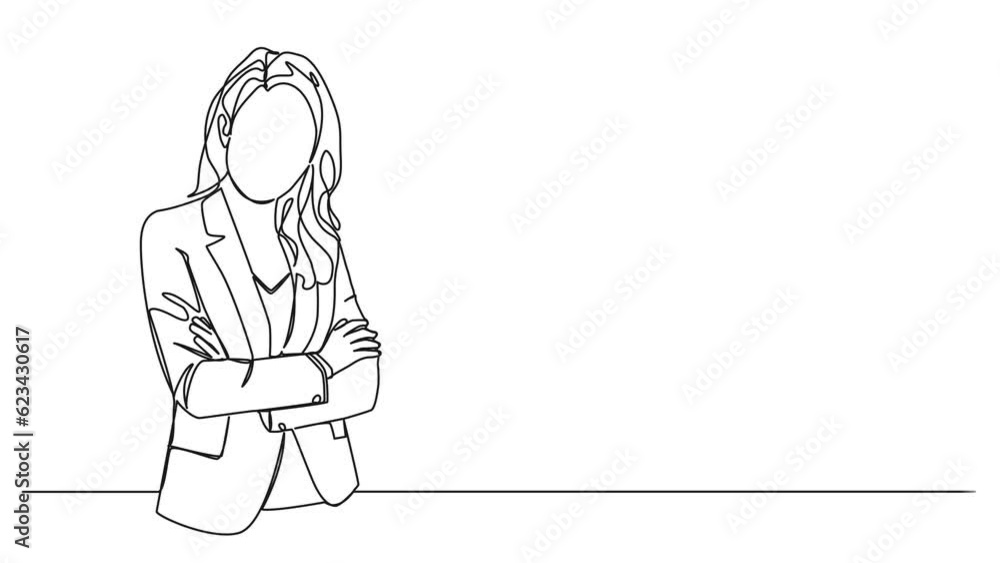 animated continuous single line drawing of business woman with her arms crossed, line art animation animated continuous single line drawing of business woman with her arms crossed, line art animation