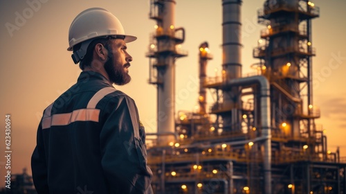 Engineer manager standing front of oil refinery at sunset, Industry zone gas petrochemical. Factory oil storage tank and pipeline.