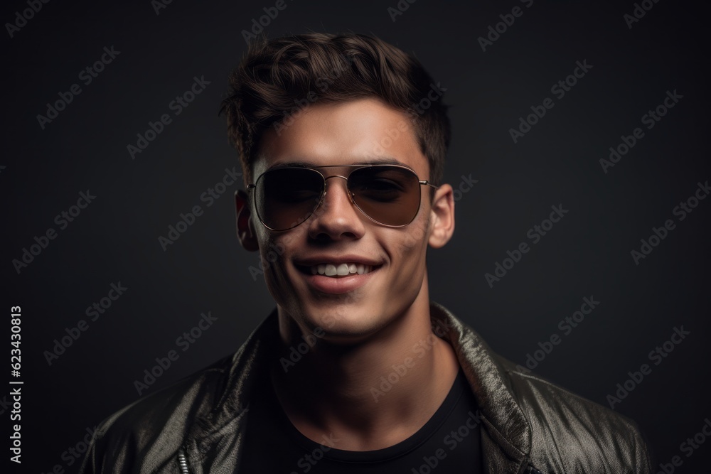 Medium shot portrait photography of a glad boy in his 20s wearing a trendy sunglasses against a dark grey background. With generative AI technology Medium shot portrait photography of a glad boy in his 20s wearing a trendy sunglasses against a dark grey background. With generative AI technology