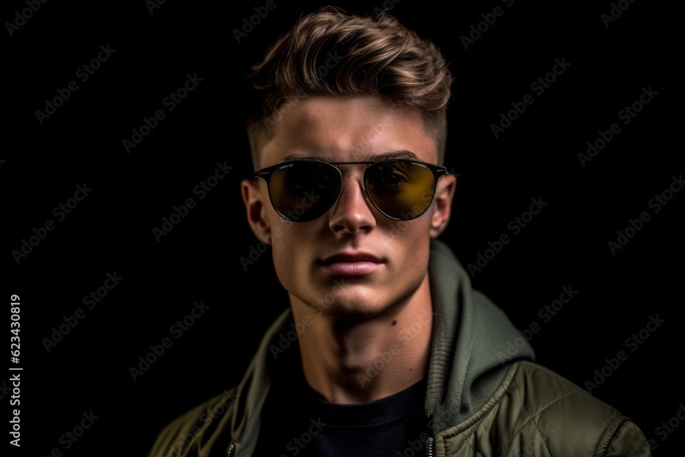 Medium shot portrait photography of a glad boy in his 20s wearing a trendy sunglasses against a dark grey background. With generative AI technology Medium shot portrait photography of a glad boy in his 20s wearing a trendy sunglasses against a dark grey background. With generative AI technology