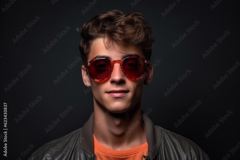 Medium shot portrait photography of a glad boy in his 20s wearing a trendy sunglasses against a dark grey background. With generative AI technology Medium shot portrait photography of a glad boy in his 20s wearing a trendy sunglasses against a dark grey background. With generative AI technology