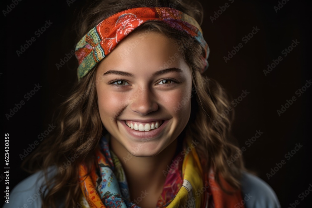 Lifestyle portrait photography of a grinning girl in her 20s wearing a colorful neckerchief against a dark grey background. With generative AI technology Lifestyle portrait photography of a grinning girl in her 20s wearing a colorful neckerchief against a dark grey background. With generative AI technology