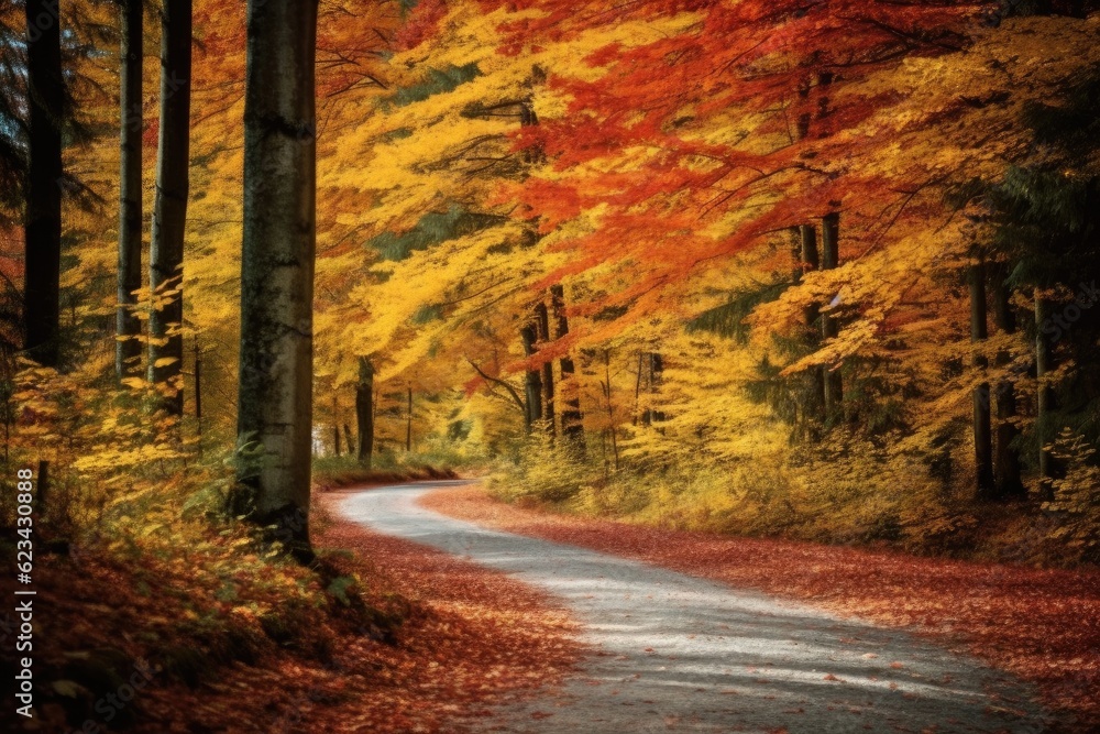 Autumn forest road, Warm light illuminating the gold foliage, Footpath in scene autumn forest nature.