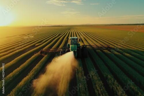 A tractor sprays an agricultural field with fertilizer, Application of water soluble fertilizers, Pesticides or herbicides in the field, Drone view.