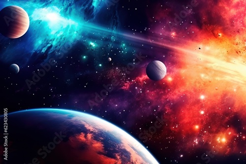Space scene with planets  stars and galaxies. Horizontal view for a glass panels. Nebula and galaxy in deep space. Science fiction art. Generated AI