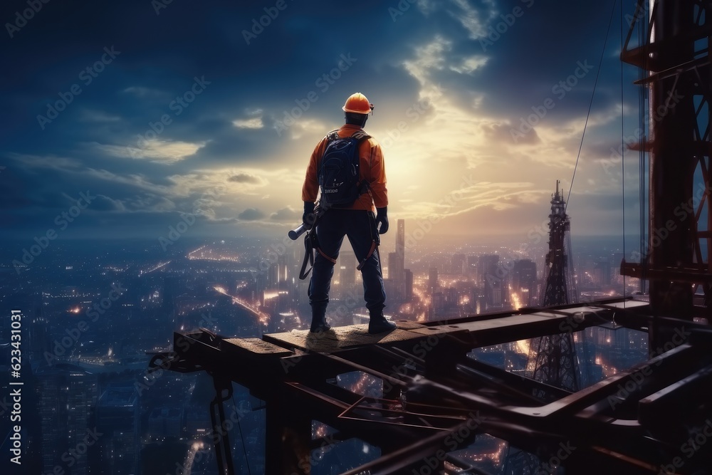 Construction worker wearing safety working at high uniform on scaffolding at construction site. Construction worker wearing safety working at high uniform on scaffolding at construction site.
