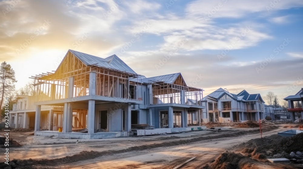 Residential new house in progress at building site. Residential new house in progress at building site.