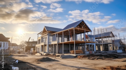 Residential new house in progress at building site.