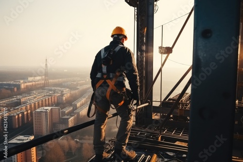 Working at height equipment, Construction worker wearing safety gear working at construction site. photo