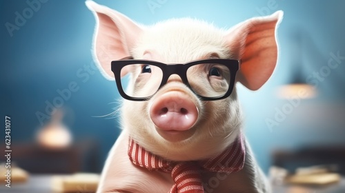 Portrait of cute smiling little pig with glasses.