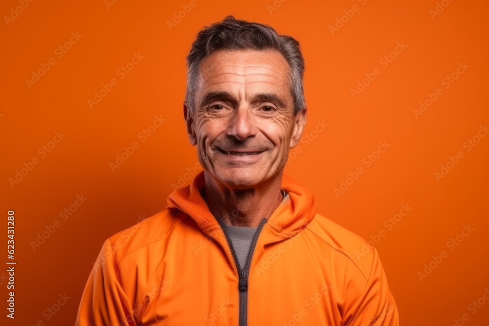 Obraz premium Medium shot portrait photography of a glad mature man wearing a comfortable tracksuit against a tangerine orange background. With generative AI technology