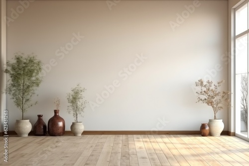 Minimalist living room interior with a large wall, Vase of plant.