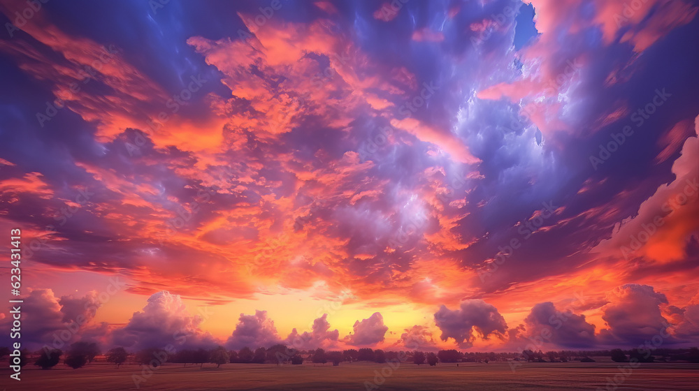 Naklejka premium Long Exposure Ai Generated Sunset Landscape with Red Clouds and Sea with Reflection