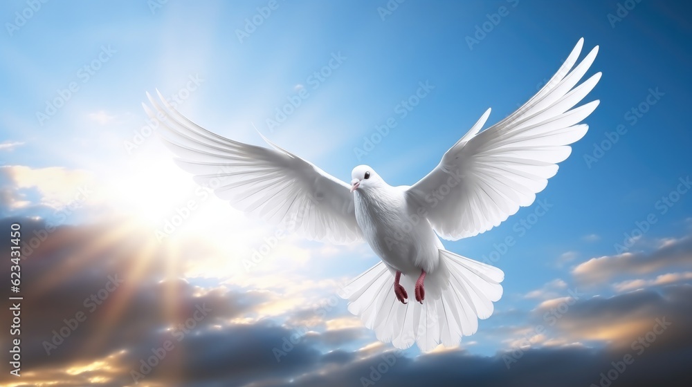 Obraz premium White dove with wings wide open in the blue sky.
