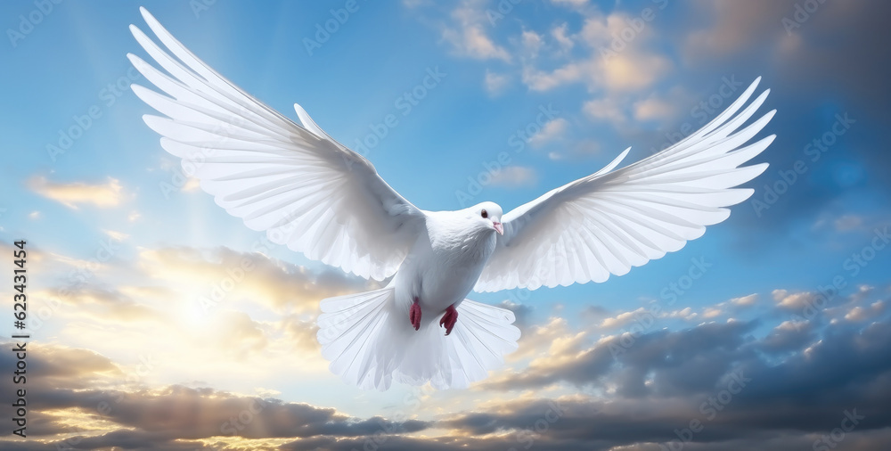 Fototapeta premium White dove with wings wide open in the blue sky.