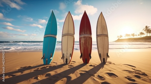 Four colorful surfboards on the sand beach on the in the evening, Summer, Vacation, Holiday. © visoot