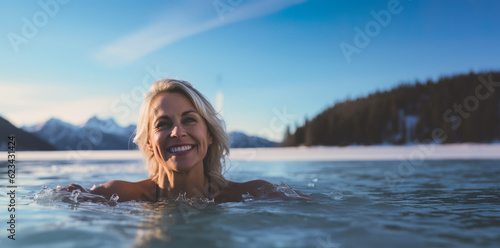 Wallpaper Mural AI generated image of mature woman swimming on icy lake in winter Torontodigital.ca