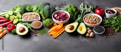 Clean Eating Delights: A Selection of Healthy Foods including Fruits, Vegetables, Seeds, Superfoods, Cereal, and Leafy Greens on a Gray Concrete Background