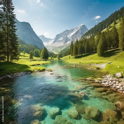 Summer Spring Landscape with Green Big Mountains Trees and a Clear Lake 