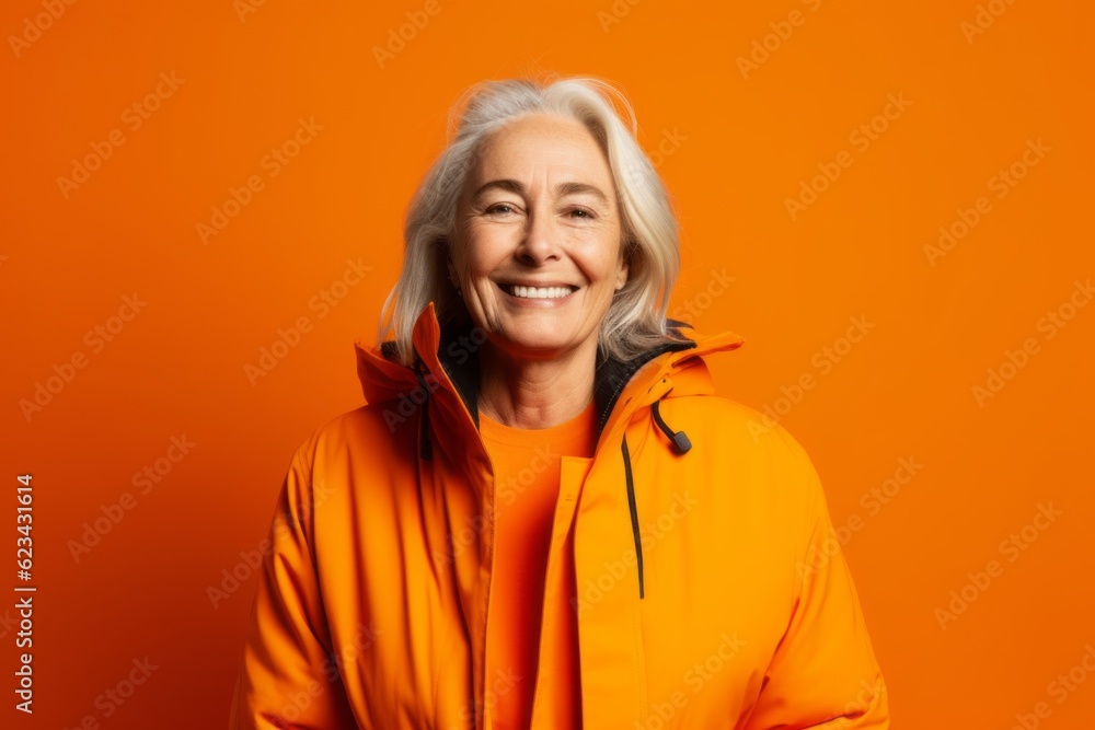 Lifestyle portrait photography of a happy mature woman wearing a warm parka against a tangerine orange background. With generative AI technology Lifestyle portrait photography of a happy mature woman wearing a warm parka against a tangerine orange background. With generative AI technology