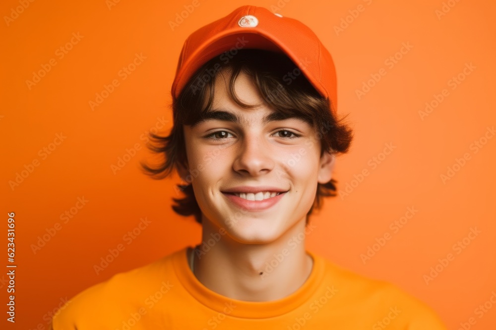 Medium shot portrait photography of a glad boy in his 20s wearing a cool cap against a tangerine orange background. With generative AI technology Medium shot portrait photography of a glad boy in his 20s wearing a cool cap against a tangerine orange background. With generative AI technology