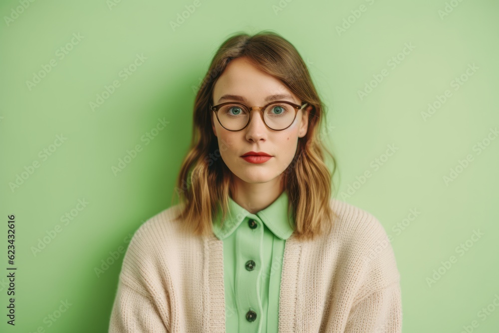 Photography in the style of pensive portraiture of a glad girl in her 30s wearing a chic cardigan against a pastel green background. With generative AI technology Photography in the style of pensive portraiture of a glad girl in her 30s wearing a chic cardigan against a pastel green background. With generative AI technology