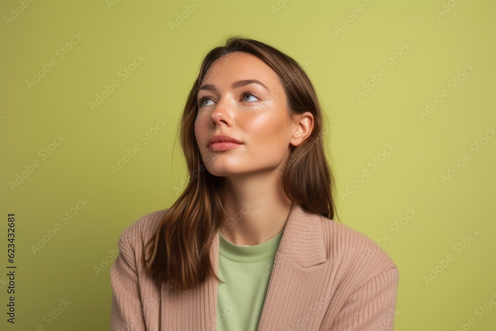 Obraz premium Photography in the style of pensive portraiture of a glad girl in her 30s wearing a chic cardigan against a pastel green background. With generative AI technology