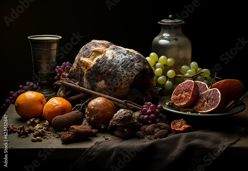 Heap of rotten unhealthy fruits and bread on abandoned Vintage table 