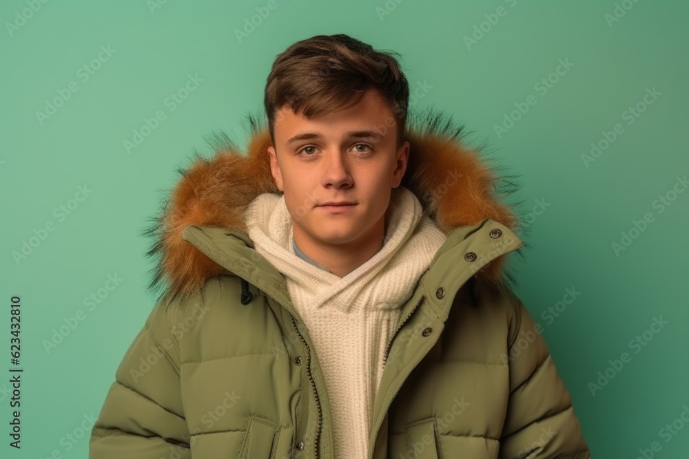 Medium shot portrait photography of a glad boy in his 30s wearing a cozy winter coat against a pastel green background. With generative AI technology Medium shot portrait photography of a glad boy in his 30s wearing a cozy winter coat against a pastel green background. With generative AI technology
